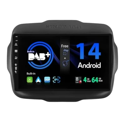 Abbildung von SXAUTO Built in DAB Android 14 IPS Autoradio Passt für Jeep Renegade (2015 2018) Eingebaut Carplay/Android Auto/DSP LED Kamera + MIC 4G+64G AHD 360 Camera SWC Fast boot WIFI 2 Din 9 Zoll