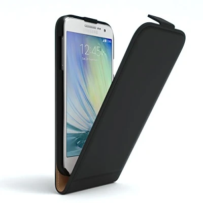 Abbildung von EAZY Case Hülle kompatibel mit Samsung Galaxy A7 (2015) Flip Cover zum Aufklappen, Handyhülle aufklappbar, Schutzhülle, Flipcover, Flipcase, Flipstyle vertikal klappbar, Kunstleder, Schwarz