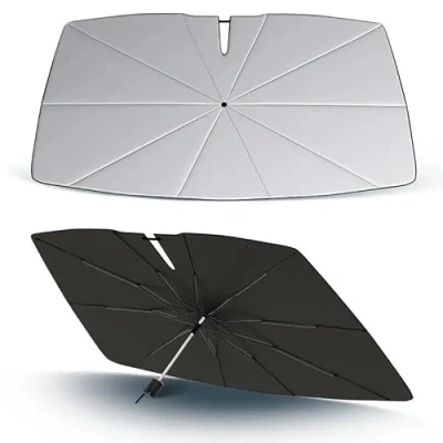 Abbildung von Auto Sonnenschutz Frontscheibe 140x79 cm, Verbesserter 360 Rotations Faltbarer Windschutzscheibe Sonnenschirm Regenschirm, Faltbares Design SHADESHELLA