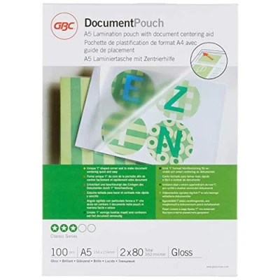 Abbildung von GBC Laminierfolien A5 80 mic, Robuste Laminiertaschen im 100er Pack, Glänzend, Transparent, Ideal für Büro &amp; Schule, IB575037