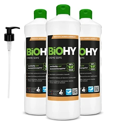 Abbildung von BiOHY Flüssig Seife (3 x 1 Liter) + Pumpspender Hautschonende, rückfettende &amp; flüssige Handseife PHOSPHATFREI geruchsneutrale Hygiene auch für das Gesicht geeignet ohne Parfüm Farbstoffe