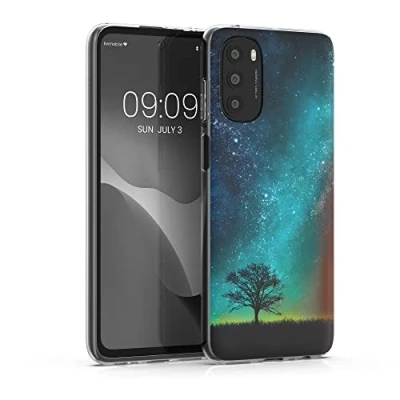 Abbildung von kwmobile Case kompatibel mit Motorola Moto G62 5G Hülle Silikon transparent Galaxie Baum Wiese Blau Grau Schwarz