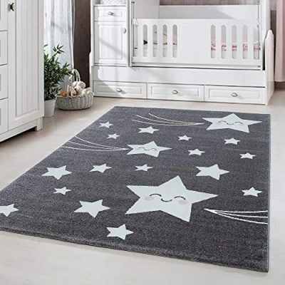 Abbildung von Carpetsale24 Kinderteppich süßes Stern Muster Grau und Creme 120 x 170 cm Kurzflor Teppich Kinderzimmer für Jungen Mädchen Weich Pflegeleicht Waschbar Spielteppich Babyzimmer Babyteppich