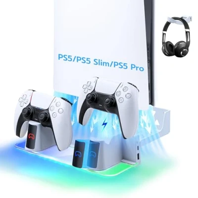Abbildung von Mcbazel PS5 Slim Wandhalterung mit RGB Licht, Wandmontierte Dual Controller Ladestation LED für Playstation 5/PS5 Digital/Disc Konsole Weiß