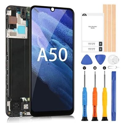 Abbildung von Bildschirm für Samsung Galaxy A50 LCD OLED, A505 SM A505FN/DS A505F/DS3 Display Touch Digitizer Glas Montage mit Werkzeugen (Schwarz Rahmen), nicht A50S