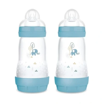 Abbildung von MAM Easy Start Anti Colic Babyflasche im 2er Set (260 ml), besonders gut akzeptierte Milchflasche, Baby Trinkflasche mit Bodenventil gegen Koliken und Sauger Größe 1, 0+ Monate, Elefant