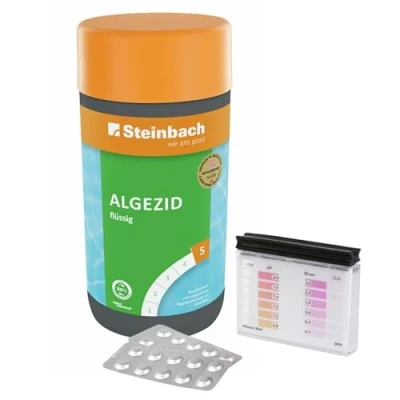 Abbildung von Steinbach Poolpflege Test Set Algezid 1l &amp; Testkit für pH Wert/Chlor ideal zur Wasserkontrolle von Wert und freiem Chlor Poolwasser sauber kristallklar