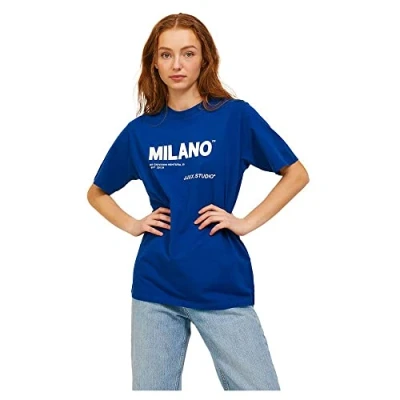 Abbildung von JJXX Women&#039;s JXBEA SS Relaxed Vint Tee NOOS T Shirt, Sodalite Blue/Print:Bright White Milano Print, S