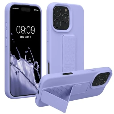 Abbildung von kwmobile Handyhülle kompatibel mit Apple iPhone 16 Pro Max Hülle Fingerhalter und Standfunktion Silikon Case Handy Cover in Lavendel