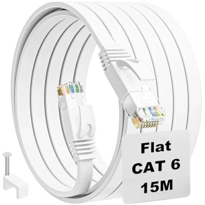 Abbildung von Lan Kabel 15 Meter Cat 6, Flach Netzwerkkabel Dünn 15m Wlan High Speed Gigabit Ethernet RJ45 Internetkabel Weiß Patchkabel für Router Modem