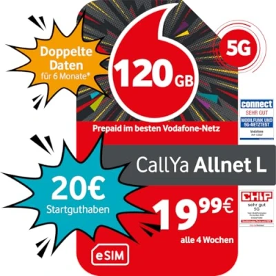 Abbildung von Vodafone Prepaid CallYa Digital eSIM 30 GB 20 EUR Startguthaben ohne Vertrag 5G Netz Telefon SMS Flat EU Roaming