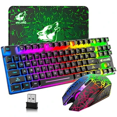 Abbildung von Kabellose Gaming Tastatur und Maus, 87 Tasten, Regenbogen LED Hintergrundbeleuchtung, wiederaufladbar, 3800 mAh Akku, mechanisches Gefühl, Anti Ghosting, ergonomisch, wasserdicht, RGB Maus (schwarz)