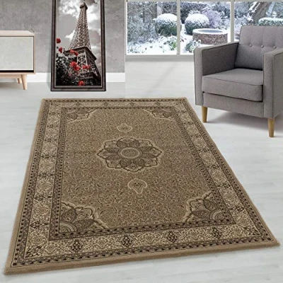 Abbildung von Orient Teppich Wohnzimmer Orientalisch Design Klassisch Optik Kurzflor Pflegeleicht, Farbe: Beige, Größe: 120 x 170 cm