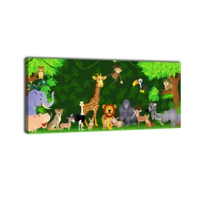 Abbildung von wandmotiv24 Leinwandbild Panorama Nr. 204 Urwaldparty 100x40cm, Keilrahmenbild, Bild auf Leinwand, Kinder Tiere Comic