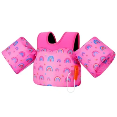 Abbildung von MoKo Kleinkind Schwimmflügel für Kinder, Schwimmjacke Kleinkinder 20 50 lbs, Wasserflügel mit Notfallpfeife, Niedliche Schwimm Trainingsweste Zubehör Schwimmbad, Tiefrosa Regenbogen