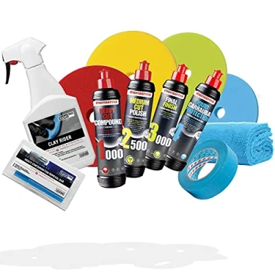 Abbildung von detailmate Auto Politur Set: menzerna Polituren 250 ml + Liquid Carnauba Wachs Garage Freaks Pads ValetPRO Clay Rider 500 Reinigungsknete Zubehör
