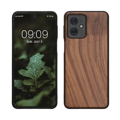 Abbildung von kwmobile Hülle kompatibel mit Motorola Moto G54 5G Holz Case stoßfestes Handy Cover TPU Handyhülle in Dunkelbraun