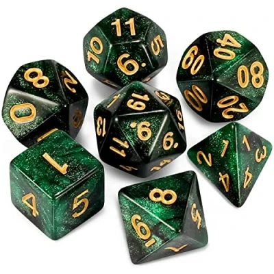 Abbildung von QMAY DND Dice Polyedrisches Würfel Set 7 Stück für Dungeon und Dragons MTG RPG D&amp;D D20, D12, D10, D%, D8, D6, D4 (Schwarz Grün)