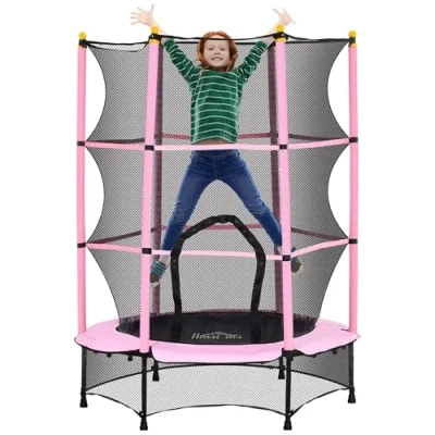 Abbildung von HOMCOM Kindertrampolin Ø140 cm, mit Sicherheitsnetz, Randabdeckung, Ø 140 (Indoor Trampolin, 1 tlg., Trampolin), für Kinder 3 10 Jahre, bis 50 kg belastbar, Rosa