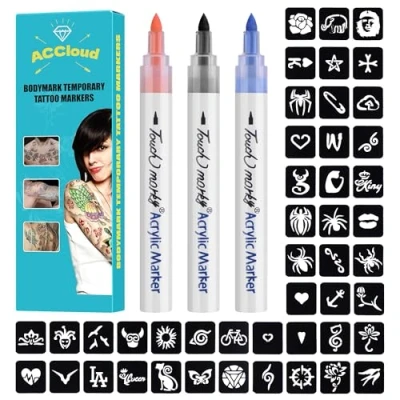 Abbildung von ACCloud Temporäre Tattoo Markers for Haut, 3 Körper Markers+ 63 Tätowierung Schablonen Kit für Frauen Mann, Flexible Pinselspitze Weihnachten Tattoos Kinder