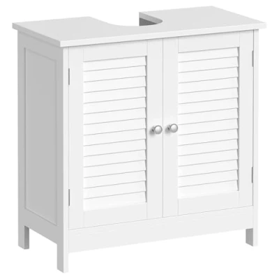 Abbildung von VASAGLE Waschbeckenunterschrank, Badezimmerschrank, Aufbewahrungsschrank, 30 x 60 cm, mit 2 Lamellentüren, verstellbare Regalebene, Griffen, wolkenweiß BBC05WT