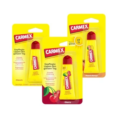 Abbildung von Carmex Classic und Flavor Tuben Lippenpflege für trockene Lippen, Lippenbalsam feuchtigkeitsspendend beruhigend rissige mit Vaseline, Vitamin E Bienenwachs (3er Set)