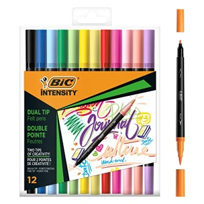 Abbildung von BIC Intensity Dual Tip Klassische Farbstifte mit feiner Spitze (0,7 mm) und flexibler Pinselspitze, in 12 leuchtenden Farben, Stück