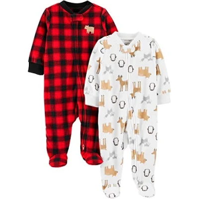 Abbildung von Simple Joys by Carter&#039;s Unisex Baby Schlaf und Spielanzug für Die Festtage aus Fleece mit Füßen, 2er Pack, Buffalo Karos/Tier, Frühchen