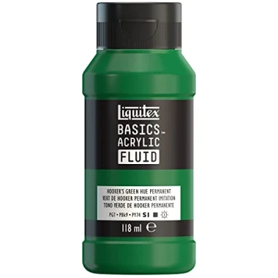 Abbildung von Liquitex 8870405 Basics Fluid Acrylfarbe mit fließender Konsiszenz, schnell trocknend, lichtecht, wasserfest, auf Wasserbasis, 118ml Flasche Hookers Grün Perm. Farbton