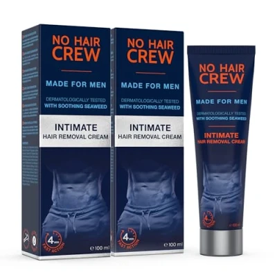 Abbildung von NO HAIR CREW 2 x Intim Enthaarungscreme für Männer Sanfte Haarentfernung ohne Rasurbrand, ideal die empfindliche Haut im Intimbereich, dermatologisch getestet (Set 100 ml)