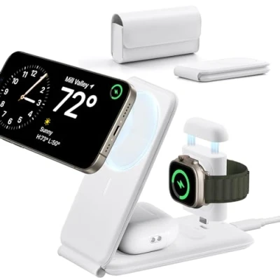 Abbildung von ESR 3 in 1 Ladestation Apple Watch und iPhone, iPhone mit Zertifiziert, Faltbare Magsafe Ladegerät für 16/15/14/13/12, 9/8/7/SE, AirPods 4/3/2/Pro, Weiß