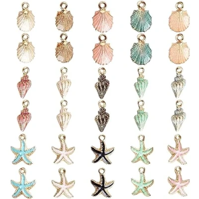 Abbildung von 30 Stücke Gemischte Emaille Charm Anhänger, Vergoldete Muschel Seestern Charms Anhänger Craft Zubehör, für Halskette Armband Ohrringe DIY Schmuck Machen