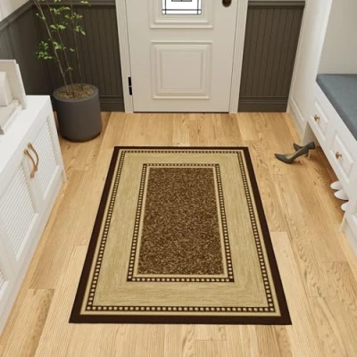 Abbildung von Ottomanson Ottohome Kollektion Teppich mit Gummirückseite und modernem Rand Design, 100 cm x 150 cm, Braun