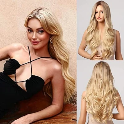 Abbildung von Honygebia Perücke Blond Lang Mittelscheitel Ombre Perücken für Damen, Lange Gerade Gewelltes, Frauen Natürliche Realistisches Synthetische Hitzeresistente Haar Karneval/Mottoparty