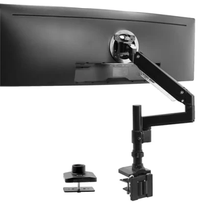 Abbildung von VIVO Premium Aluminium verlängerter Monitorarm für Ultrawide Monitore bis zu 124,5 cm und 15 kg, Einzel Tischhalterung, pneumatische Höhenverstellung, max. VESA 100 x 100, schwarz, STAND V101GT