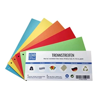 Abbildung von Trennstreifen, 100 Stück, 5 Farben: intensiv, 20 Stück je Farbe, 24 x 10,5 cm, gelocht, 180g/m², zum Sortieren und Trennen von Dokumenten bis DIN A4 Format