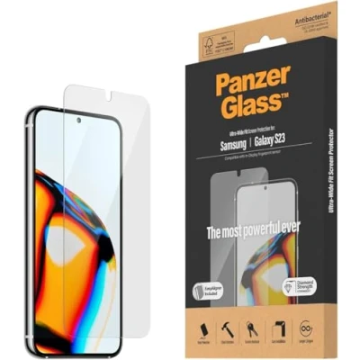 Abbildung von PanzerGlass™ Displayschutz für Samsung Galaxy S23 Screen Protector mit Ultra Wide Fit vollständige Displayabdeckung Fingerabdrucksensor kompatibel, Positionierhilfe