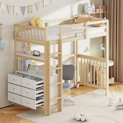 Abbildung von Merax Hochbett 90x200 cm,Kinderhochbett,Massivholz Hochbett, vertikale Sicherheitsleiter, mit Schubladen und Regalen, Massivholz Einzelbett aus Kiefernholz, Holzfarbe, ohne Matratze