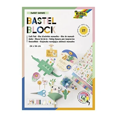Abbildung von folia 49101 Bastel Block &quot;Sweet Safari&quot; mit 27 Blatt Bastelpapier im Format 24 x 34 cm, bedrucktem Fotokarton, Tonpapier, irisierendem Papier, vorgezeichneten Formen und Stickern