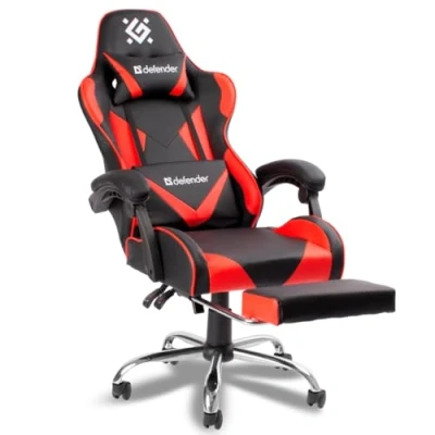 Abbildung von Defender Pilot Gaming PC Stuhl mit Fußstütze Ergonomisch Sessel Lumbalstütze, Kopfstütze, Höhenverstellbar, bis 140kg Bürostuhl Kunstleder, Rot/Schwarz, Verstellbare Rückenlehne, 135 Neigungswinkel