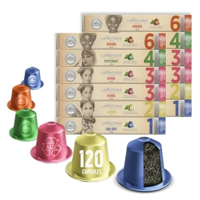 Abbildung von La Natura Lifestyle WELLNESS &amp; VITAL PROBIERPAKET, 120 TEEKAPSELN, kompatibel mit Nespresso®3 Kapselmaschinen, 100% Recyclebar, Kräutertee, Pfefferminz Tee, Jasmin Rooibos Tee