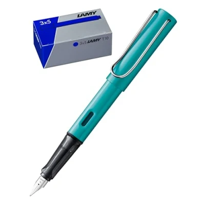 Abbildung von LAMY AL star Set Füllhalter aus Aluminium in turmaline mit ergonomischem Griff und polierter Stahlfeder Strichbreite Fein T10 3er Tintenpatronen, original Umkarton Tinte blau