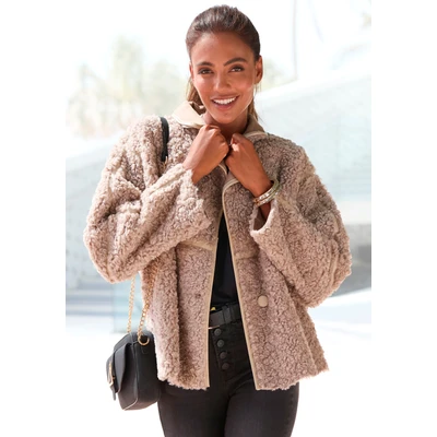 Abbildung von LASCANA Fellimitatjacke, mit Lederimitat Einsätzen, Sherpa Jacke aus Teddyplüsch Taschen