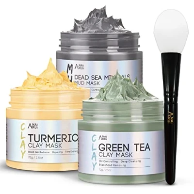 Abbildung von ANAiRUi Kurkuma Gesichtsmaske Grüner Tee Ton Maske Totes Meer Mineralien Schlamm Maske, Spa Gesichtsmasken Set zur Tiefenreinigung, Entgiftung und Reduzierung von Akne Mitesser, 210 g