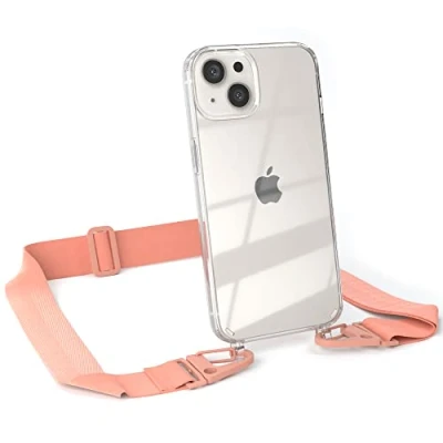 Abbildung von EAZY CASE Hülle mit Band kompatibel iPhone 13 Handyhülle Umhängeband für Silikonhülle Transparent Schutzhülle Handykette zum Umhängen Handykordel Smartphone in Rosa Coral
