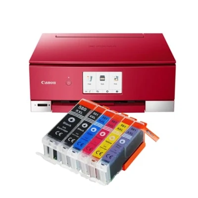 Abbildung von IC Office TS8352a Farbtintenstrahl Multifunktionsgerät All in One 3 1 (Drucker, Scanner, Kopierer, CD Druck, USB, WLAN, Apple AirPrint, SD Karte) Rot + 6 XXL Tintenpatronen