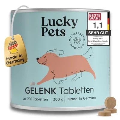 Abbildung von Lucky Pets Gelenktabletten Hund TESTSIEGER Hochdosiert mit Grünlippmuschel, Teufelskralle, MSM, Glucosamin, Weihrauch 200 Stück, Made in Germany, hohe Akzeptanz, reicht für bis zu 12 Monate