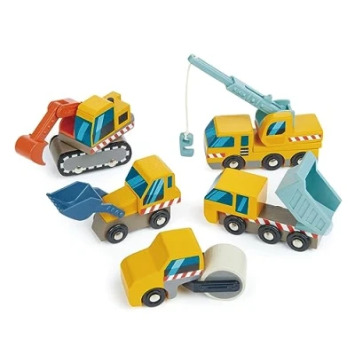 Abbildung von Tender Leaf Toys Spielzeug Baumaschine Set Baustelle Holzspielzeug Bagger Kipper Walze Frontlader