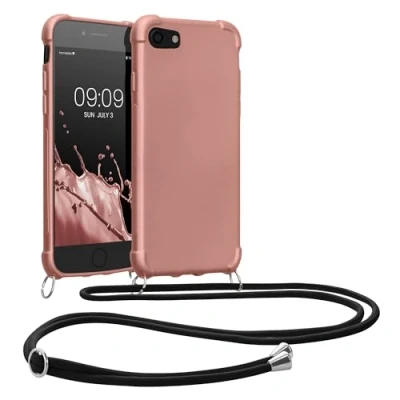 Abbildung von kwmobile Necklace Case kompatibel mit Apple iPhone SE (2022) / (2020) 8 7 Hülle Cover Kordel zum Umhängen Silikon Schutzhülle Metallic Rosegold