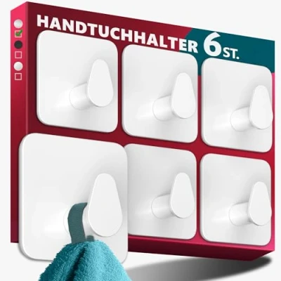 Abbildung von Menz Handtuchhalter ohne Bohren Edelstahl, 6er Set Wasserfeste Badezimmer in Weiß, ovale Klebehaken fürs Bad, Haken selbstklebend als funktionale Handtuchhaken